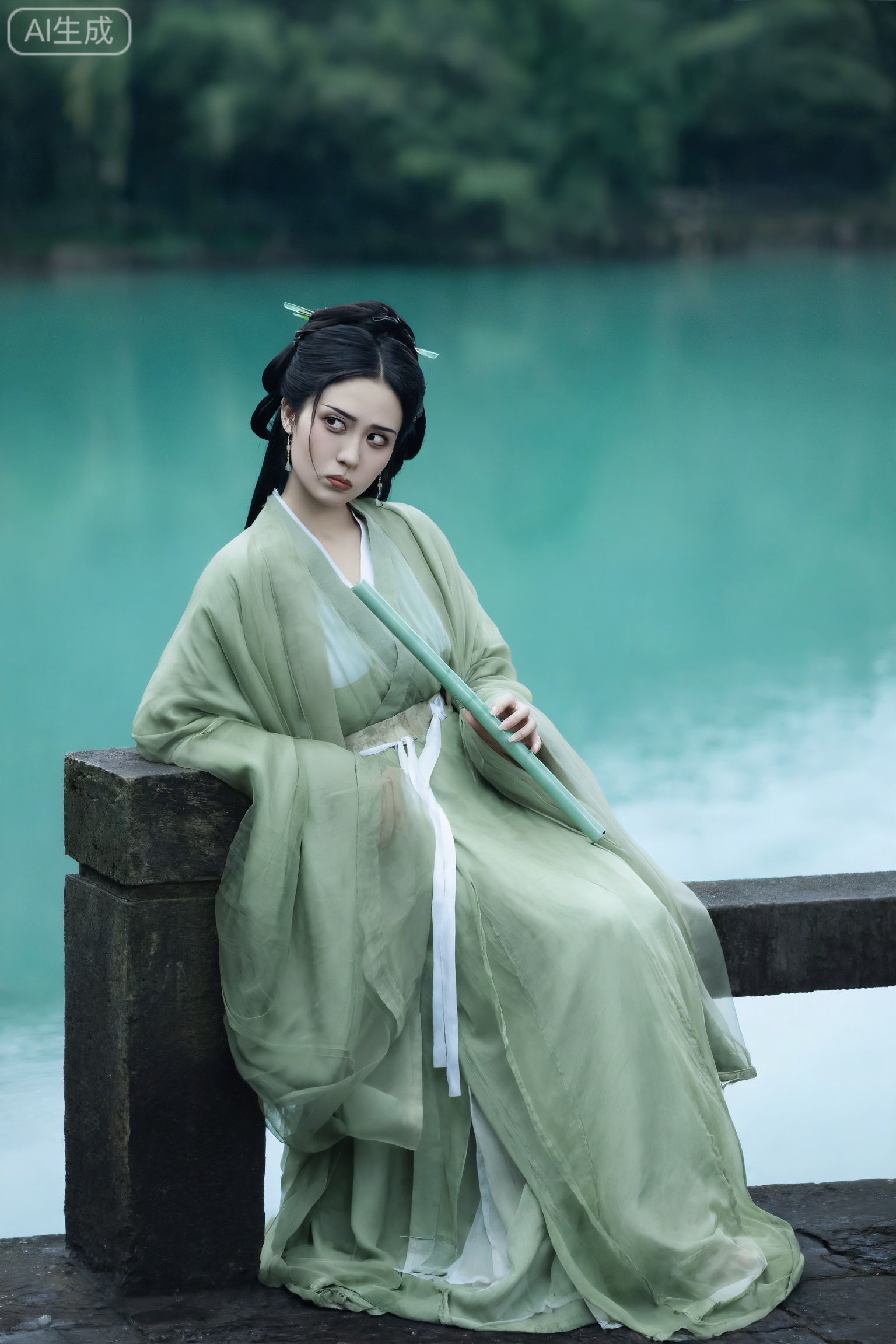 1girl,solo,cjj,hanfu,

An ancient-style photography with a cool atmosphere, showing an Oriental woman wearing light green organza and Hanfu. The material is light and elegant, with a white silk ribbon tied around her waist. She sat sideways on the simple stone railing by the lake, resting one hand on the stone railing and holding a jade flute elegantly in front of her with the other hand. Her expression was arrogant and disdainful, her eyes glanced coldly to one side, and the corners of her mouth were slightly curled, with a sense of alienation. The background is a turquoise lake. The lake surface is like a mirror, reflecting the greenery on the shore. The entire picture has soft and cold tones, movie-level soft light, shallow depth of field, and blurred background, creating a lonely, cold, and story-filled atmosphere. Ultra-realistic photography, 8K resolution, rich in details, the light texture of hair and clothing is clearly visible.