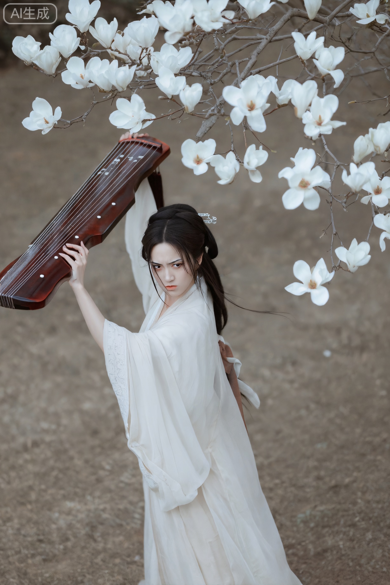 1girl,solo,cjj,hanfu,

**高角度俯拍视角**,一位清冷绝美的东方古典女子,身着一袭米白色蝉翼般轻盈的交领大袖汉服,衣料纹理细腻可见。她梳着松散发髻,几缕碎发垂落脸颊,眼神锐利而充满怒意,表情紧绷,正将怀中古朴的红色古琴高高举起,作势欲砸。她身处盛开的白玉兰树下,洁白的玉兰花枝在头顶交错伸展,背景是浅褐色的枯草地。整体色调柔和清冷,动作极具张力与戏剧感。超写实摄影,8K分辨率,浅景深,背景虚化,色彩干净透明,电影级柔光,发丝与衣料的轻薄质感清晰可见。
