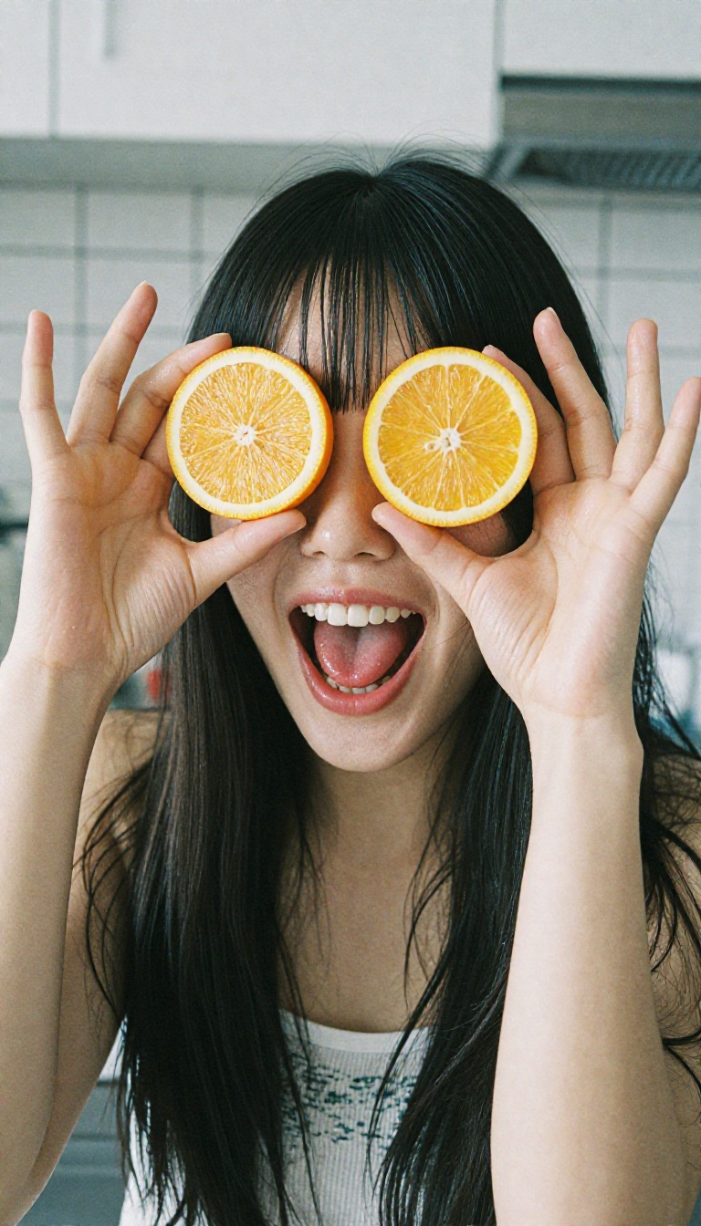 A bubbly 20-year-old Korean woman holding two orange slices over her eyes like goggles,  her palms facing the camera,  fin...