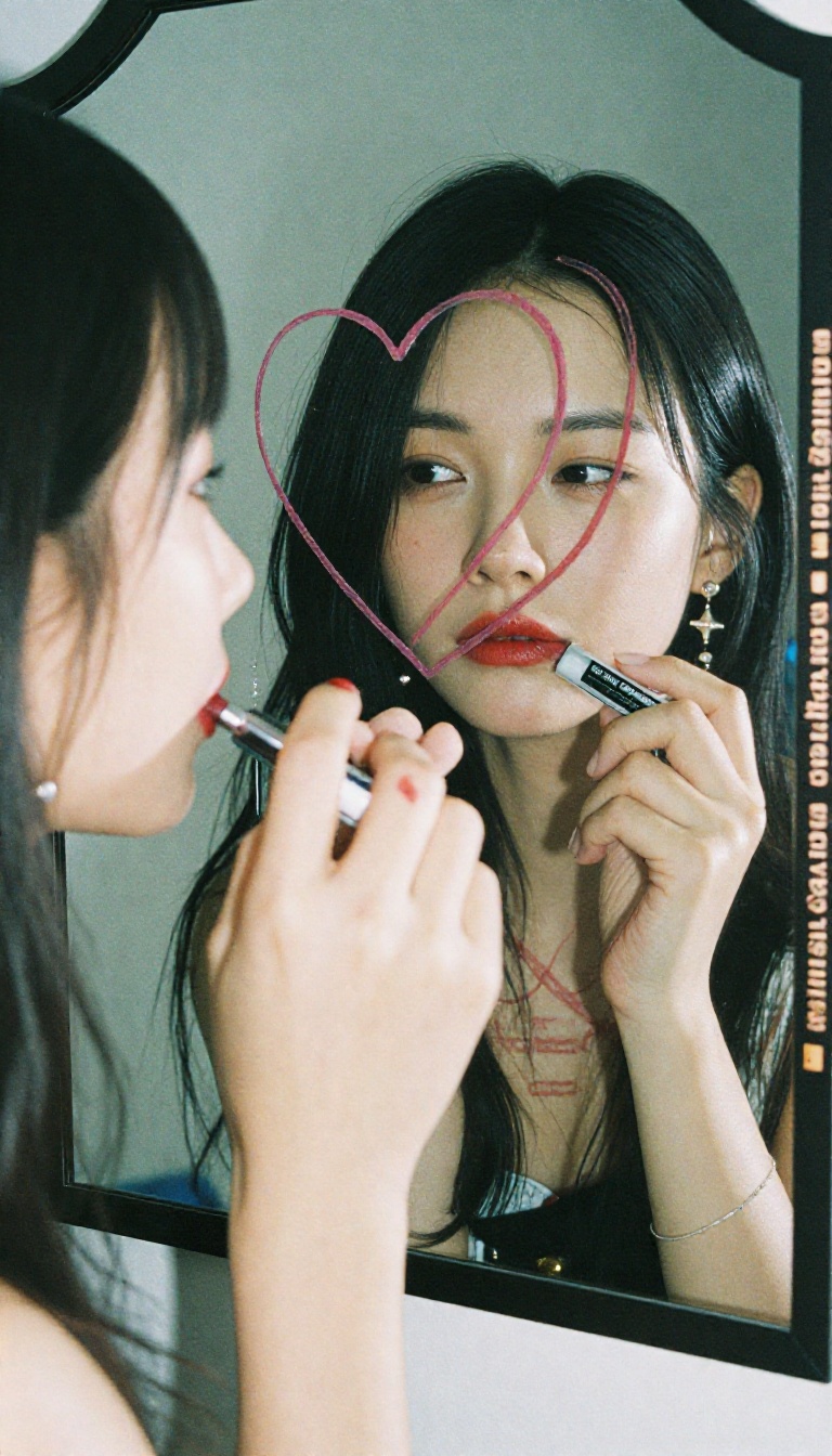 A Chinese woman drawing a heart on a mirror with red lipstick,  her hand holding the tube,  the other hand's palm resting...