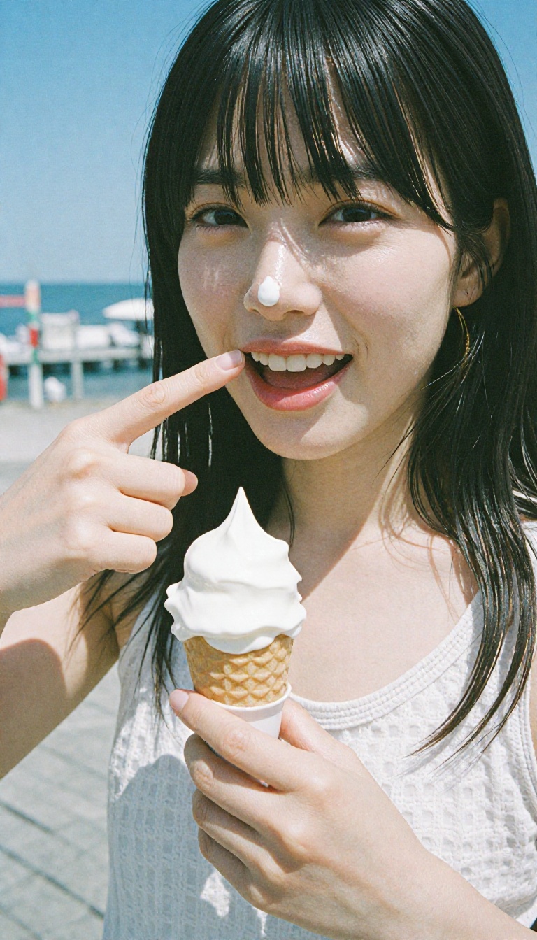 A cute Japanese woman with a tiny dab of ice cream on her nose,  pointing at it with a slender finger while laughing. Her...