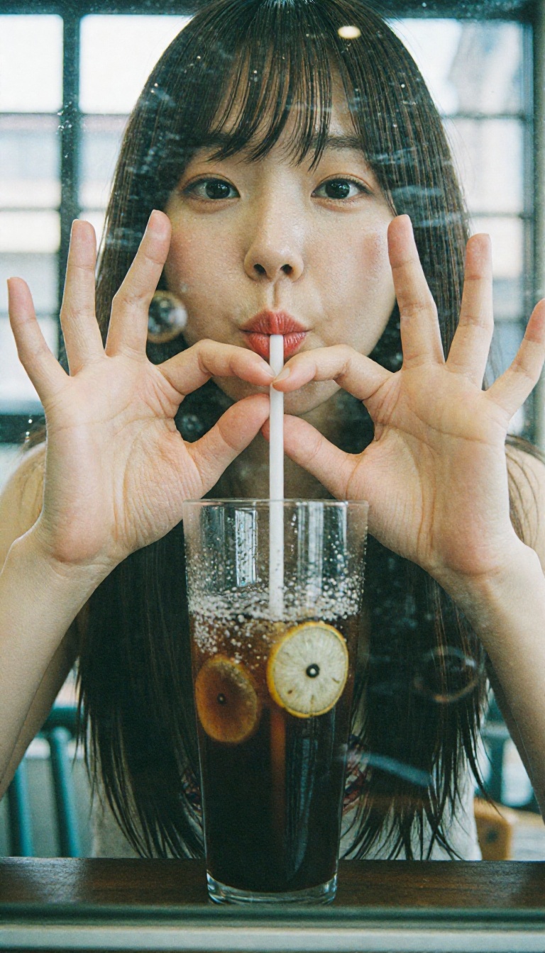 A Korean woman blowing bubbles into her soda with a straw,  cheeks puffed out,  hands wrapped around the glass on Tensor.Art