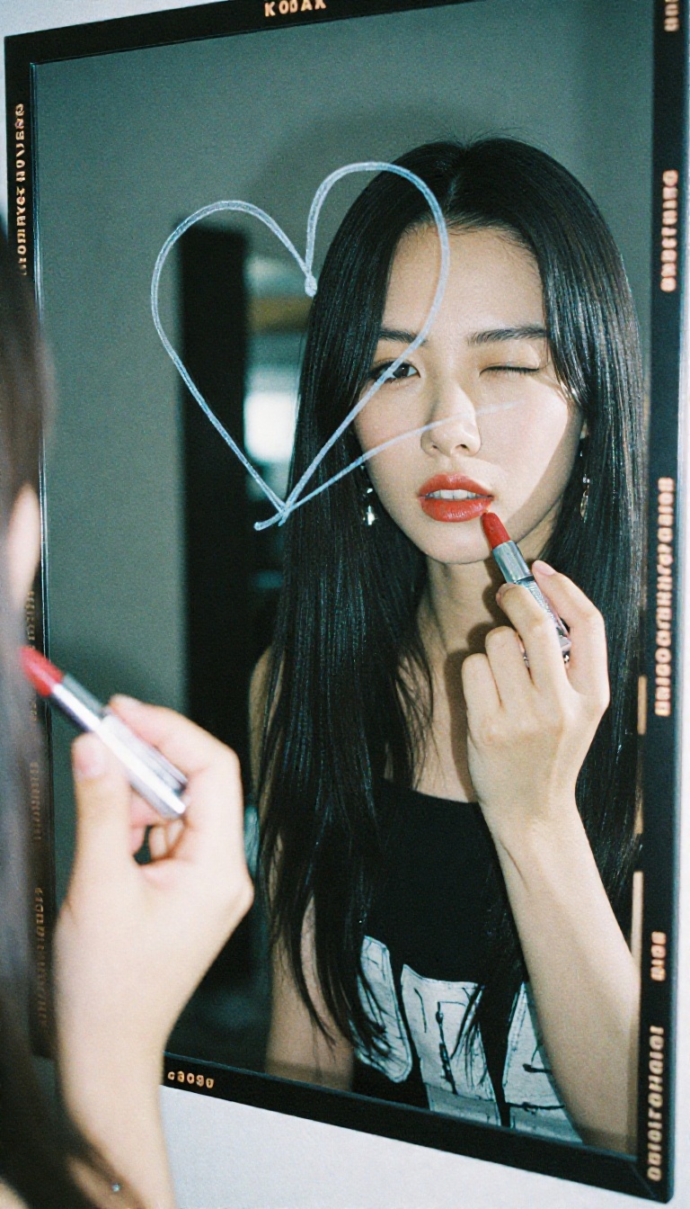 A Chinese woman drawing a heart on a mirror with red lipstick,  her hand holding the tube,  the other hand's palm resting...
