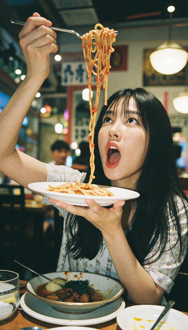 A playful Chinese woman twirling spaghetti excessively high with a fork,  her palm supporting the base of the plate,  look...