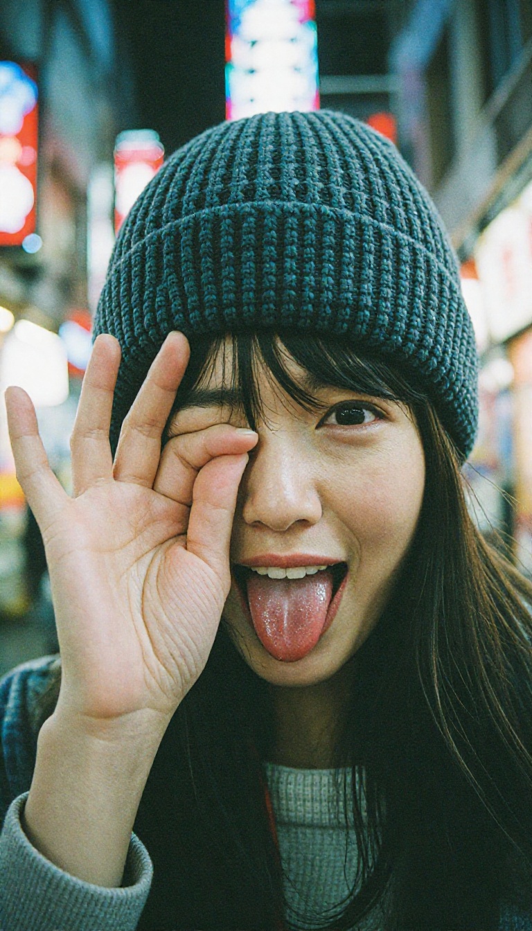 A Japanese woman playfully pulling her knit beanie down over one eye,  her hand grasping the wool,  palm showing towards t...