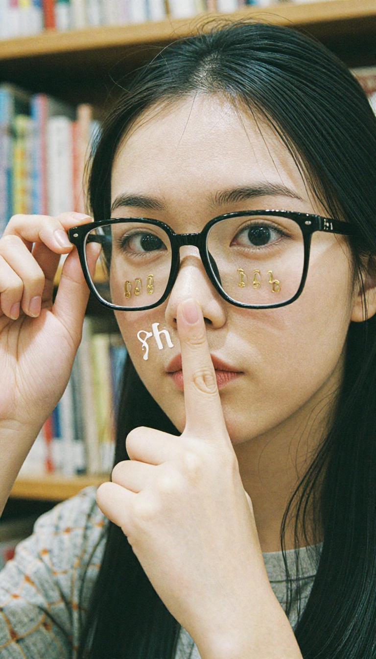 A 20-year-old Chinese woman peering over the rim of oversized glasses,  her hand pulling the frame down with a playful "sh...