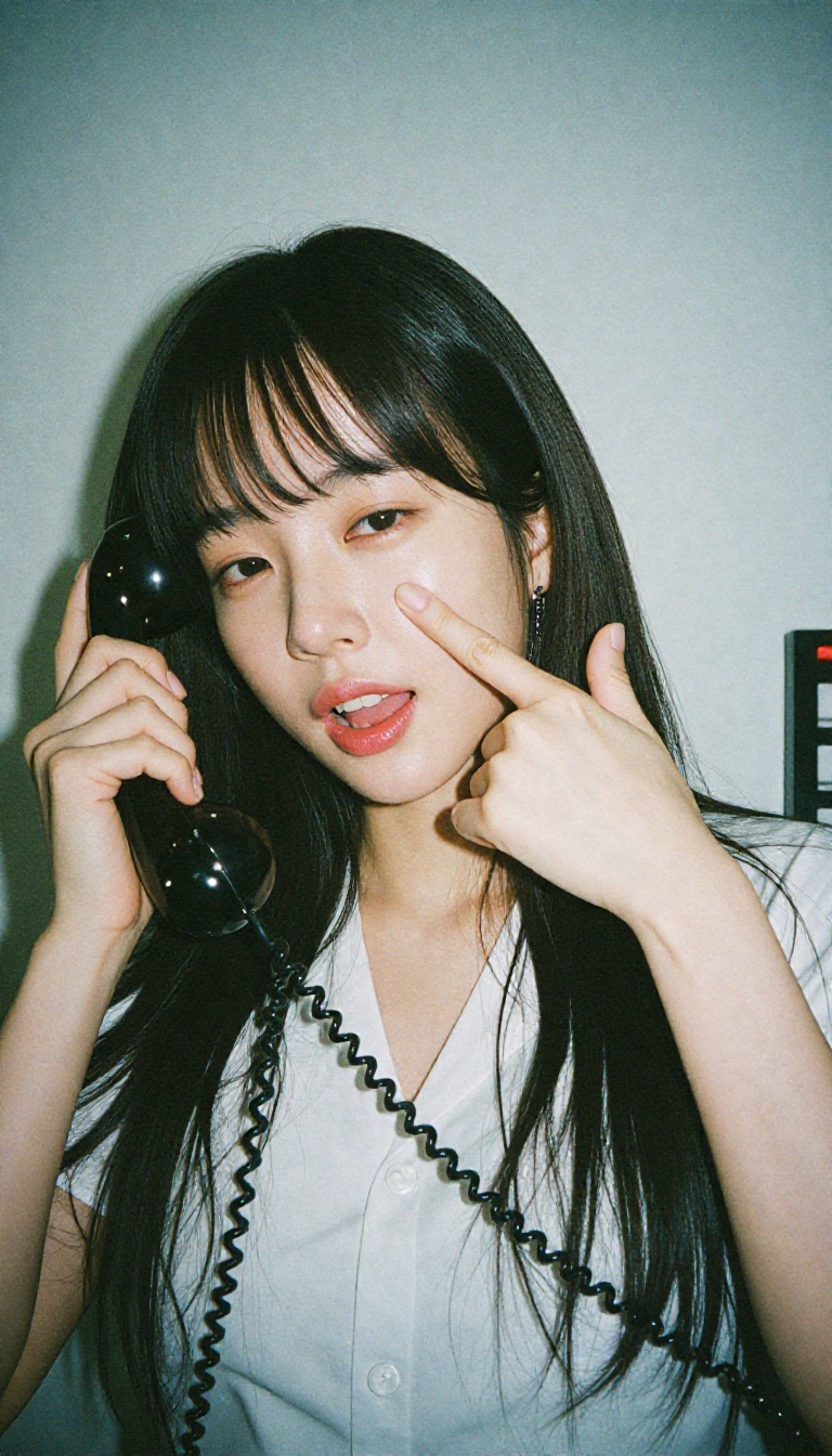 A Korean woman on a vintage rotary phone,  twirling the curly cord around her index finger,  her palm resting against her...