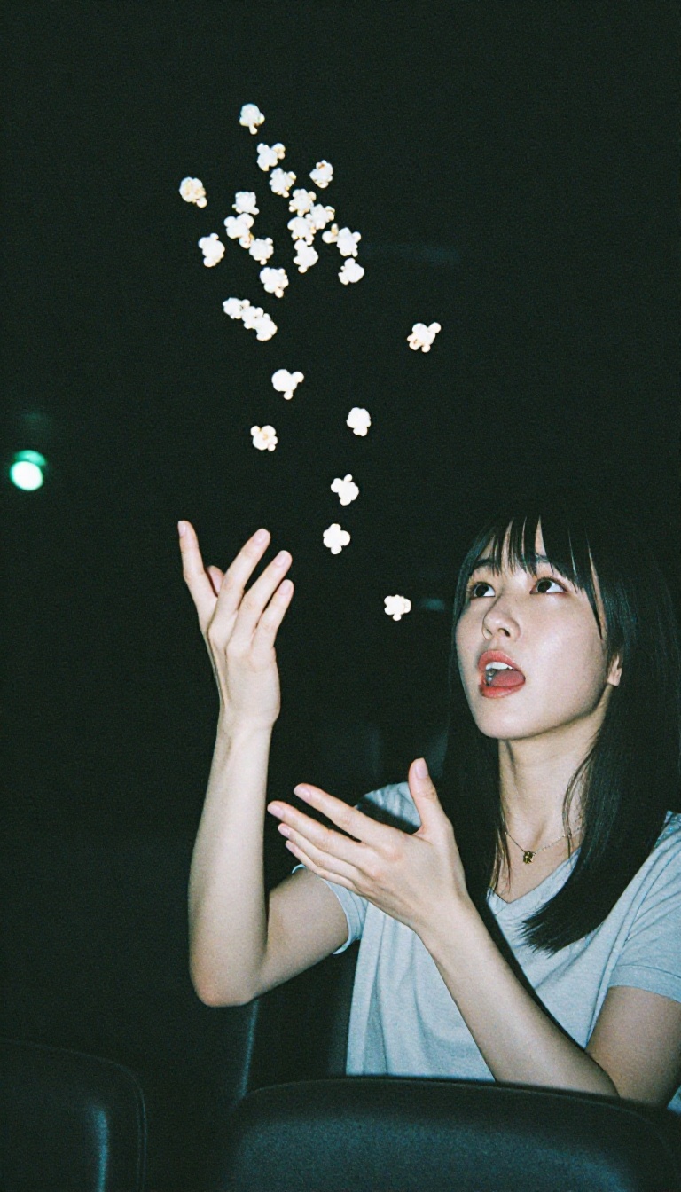 A Japanese woman tossing a piece of popcorn into the air,  her hand mid-release,  palm open and fingers extended upwards....