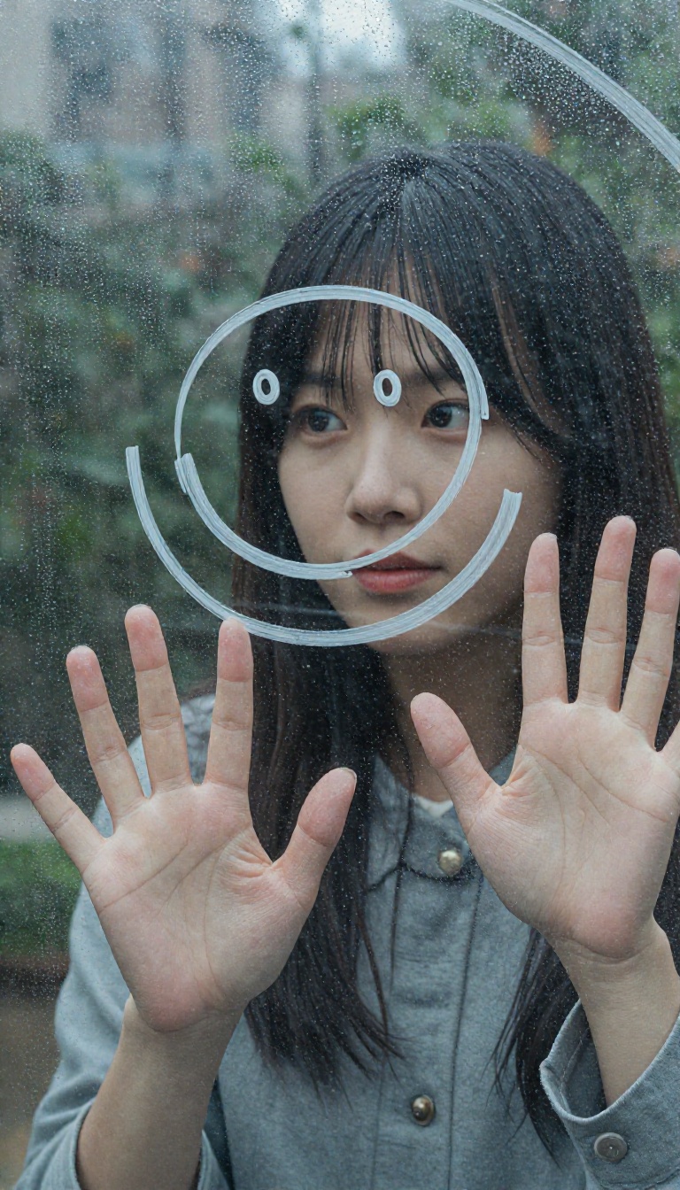 A 20-year-old Chinese woman drawing a smiley face on a fogged-up window,  her index finger mid-stroke,  the other hand's p...