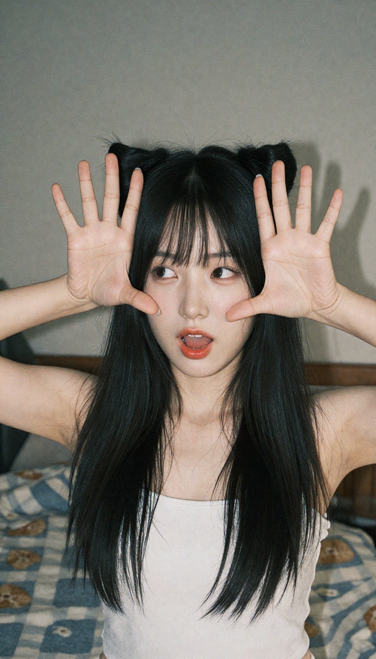 A Korean woman putting her hands behind her head like "cat ears",  palms facing forward,  fingers wiggling. A cute "meow"...
