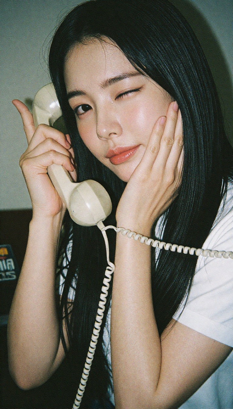 A Korean woman on a vintage rotary phone,  twirling the curly cord around her index finger,  her palm resting against her...