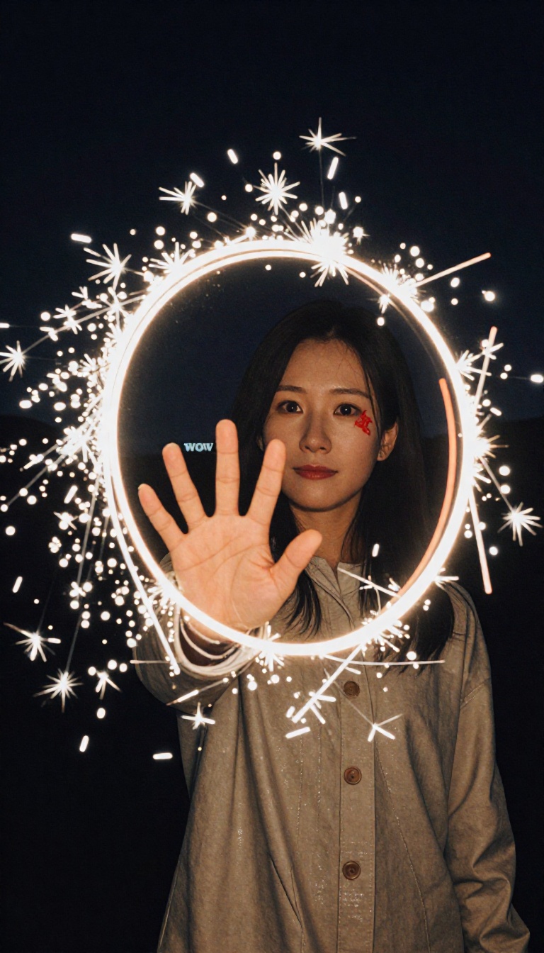 A Chinese woman holding a sparkling firework at night,  moving it in a circle,  her hand steady on Tensor.Art