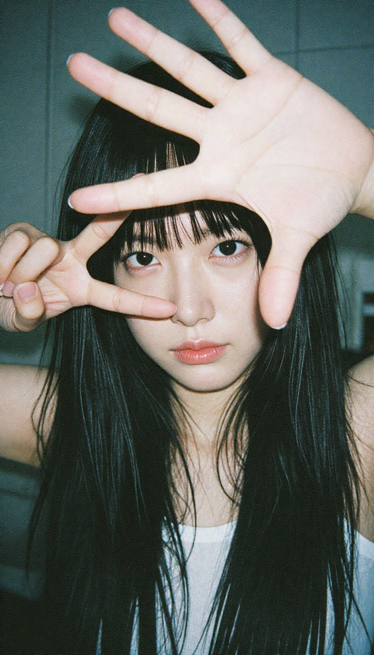 A 20-year-old Korean woman making a "V" peace sign right in front of her eye,  framing her wink,  the palm of her hand fac...