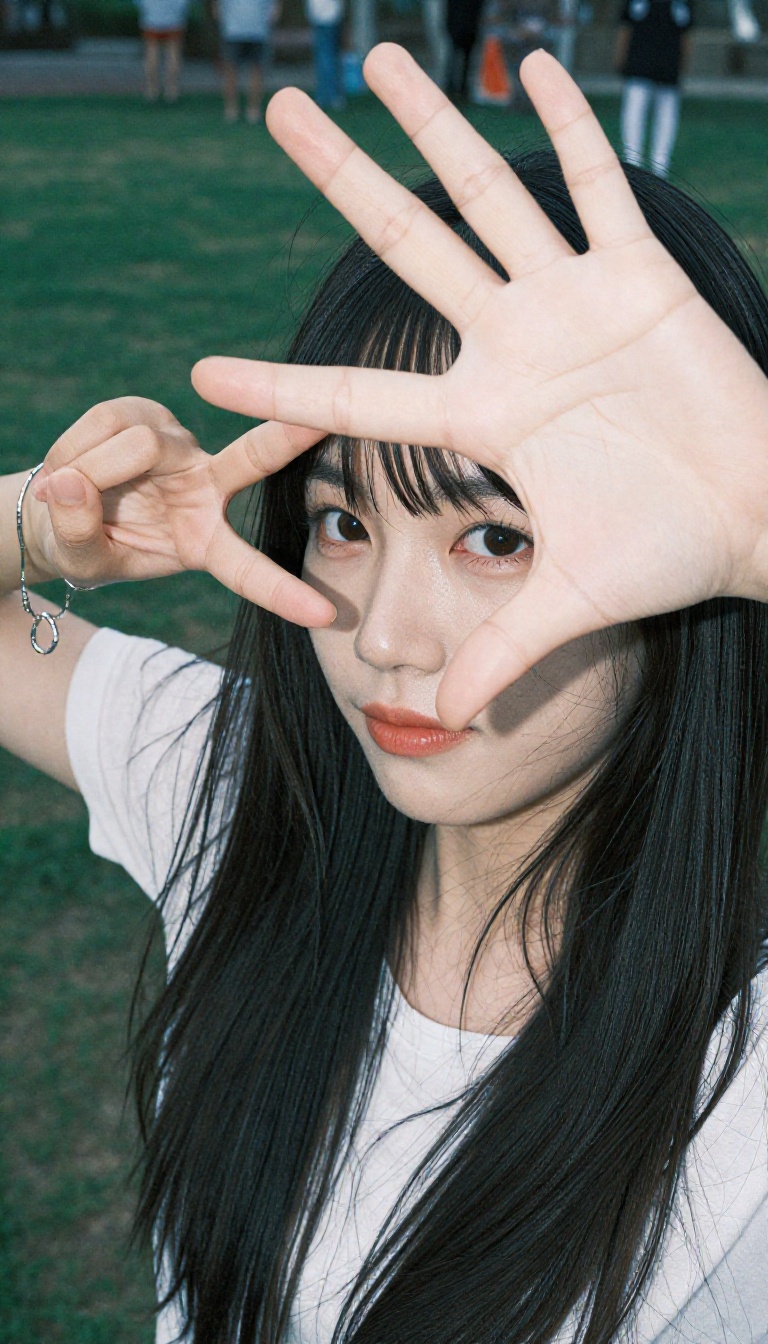 A 20-year-old Korean woman making a "V" peace sign right in front of her eye,  framing her wink,  the palm of her hand fac...