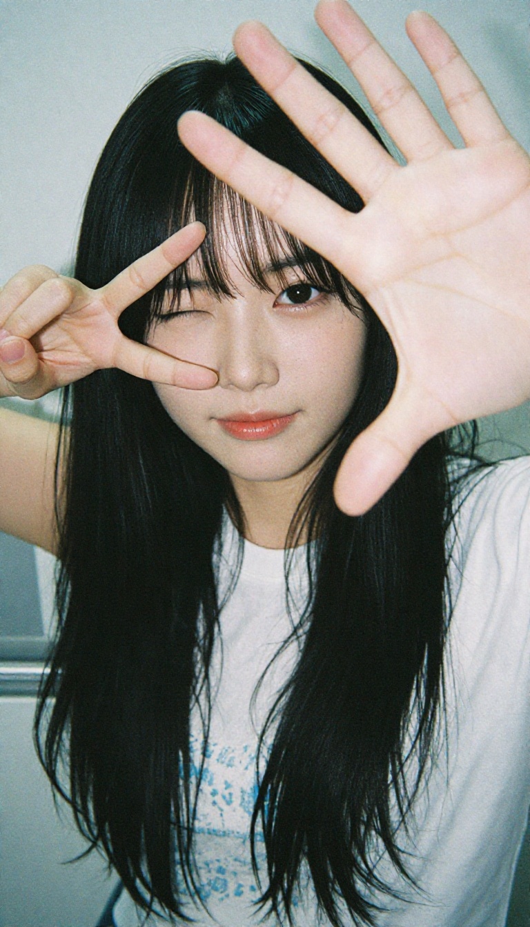 A 20-year-old Korean woman making a "V" peace sign right in front of her eye,  framing her wink,  the palm of her hand fac...