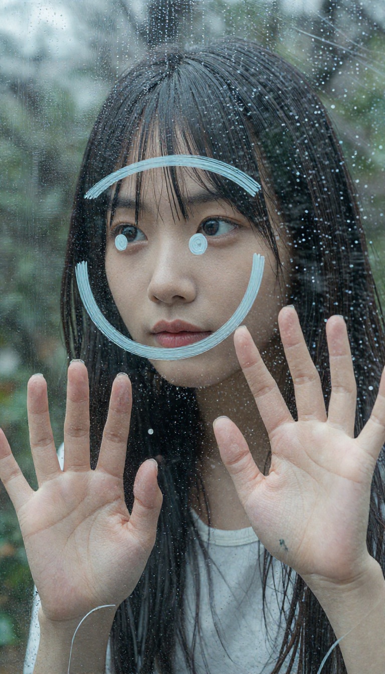 A 20-year-old Chinese woman drawing a smiley face on a fogged-up window,  her index finger mid-stroke,  the other hand's p...