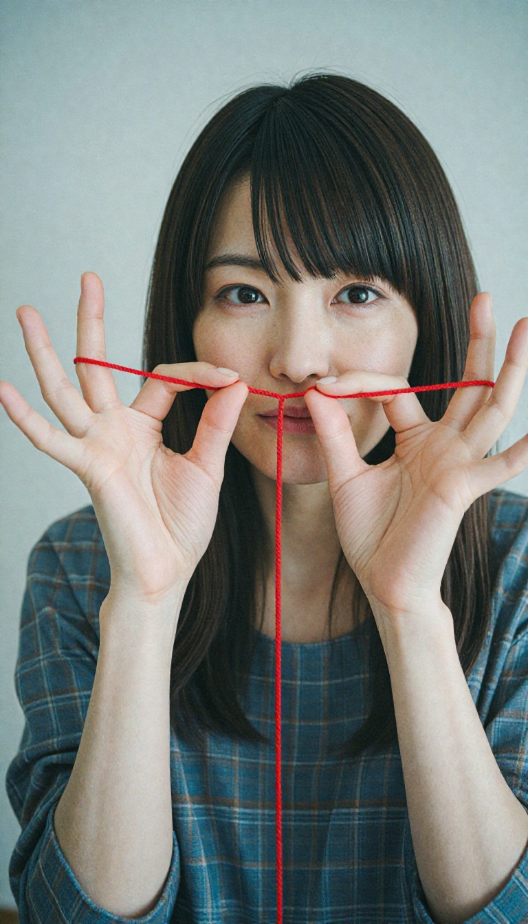 A Japanese woman playfully tangling her fingers in a red yarn,  palms open as if performing a magic trick,  a focused but...