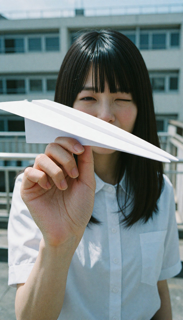 A Japanese woman about to throw a paper airplane,  holding it by the wing with her fingertips,  palm angled towards the ca...