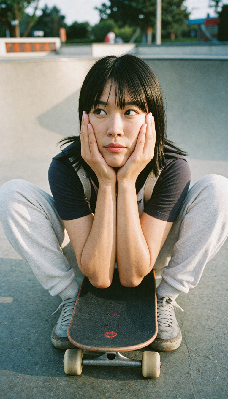 A Chinese woman sitting on a skateboard,  leaning forward with her chin resting on her palms,  fingers splayed on her chee...