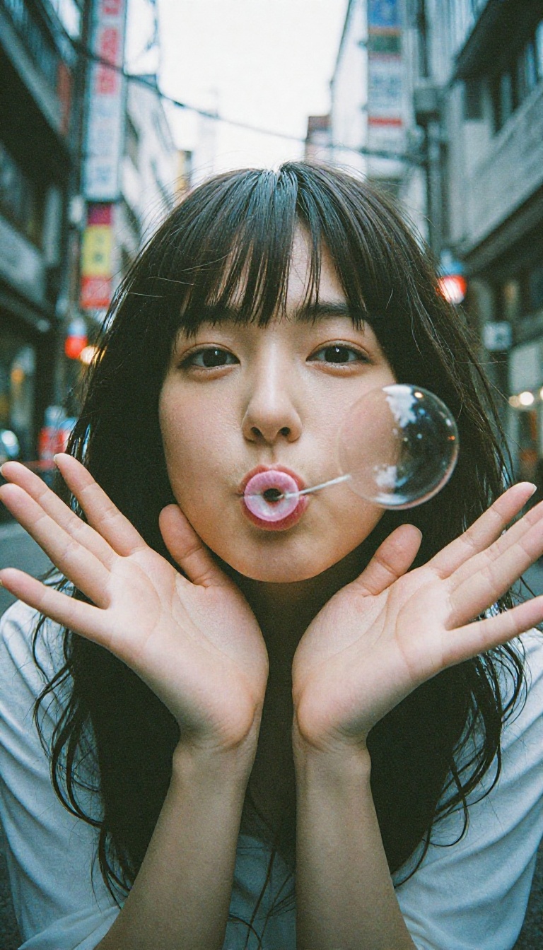 A playful 20-year-old Japanese woman blowing a pink bubble,  using her index finger to pop it right in front of the camera...