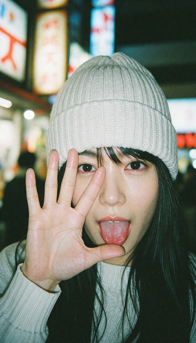 A Japanese woman playfully pulling her knit beanie down over one eye,  her hand grasping the wool,  palm showing towards t...