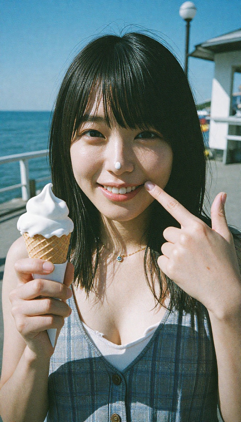 A cute Japanese woman with a tiny dab of ice cream on her nose,  pointing at it with a slender finger while laughing. Her...