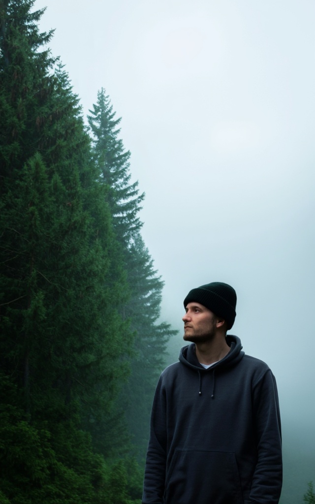 A man is standing in front of a forest. The man is wearing a black beanie on his head. The beanie is a dark black color. T...