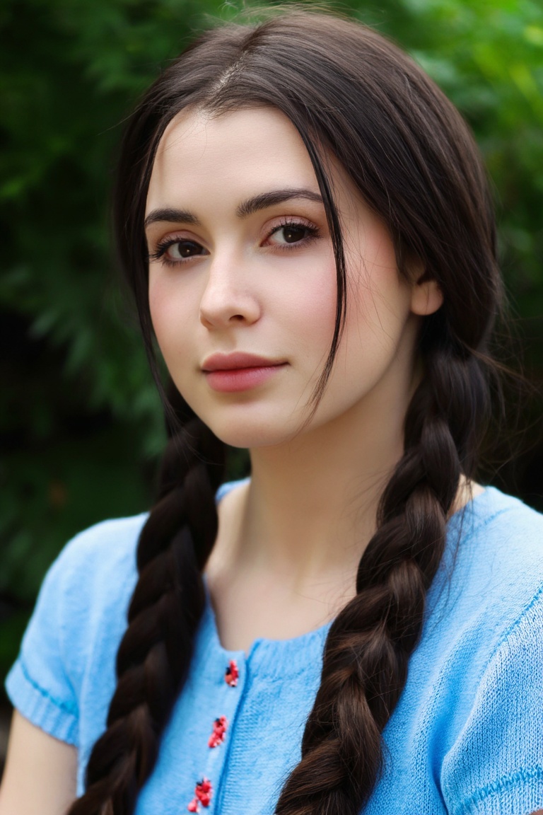 A young woman with long dark brown hair styled in loose twin braids,  strands softly framing her face. She wears a light b...
