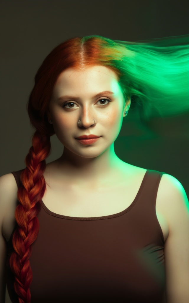A woman with long red hair styled in braids stands against a muted,  dark background. Her expression is calm and confident...