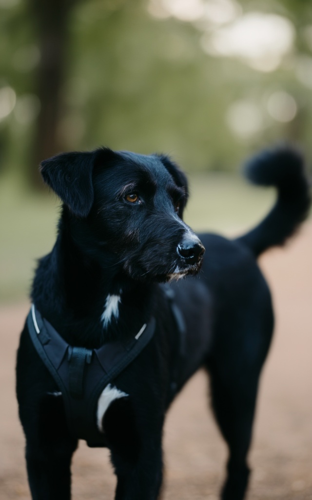 A black dog with a white patch on its chest stands outdoors,  captured from a side profile. Its fur appears slightly ruffl...