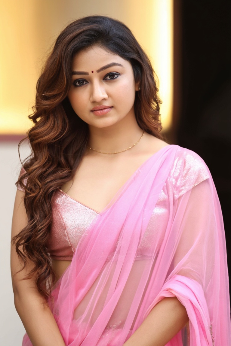 A young Indian woman with long wavy brown hair cascading over one shoulder,  wearing a shimmering pink sari-style top with...