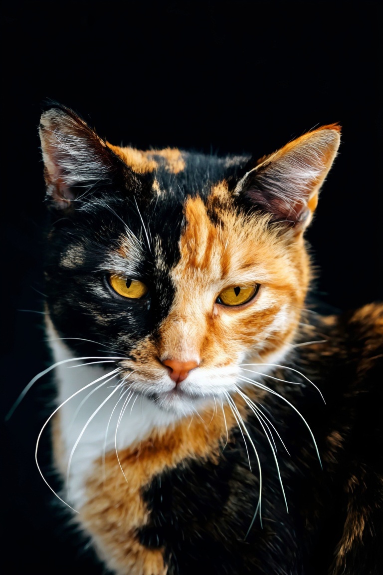 A detailed close-up portrait of a calico cat. The cat's fur is a combination of black,  orange,  and white on Tensor.Art