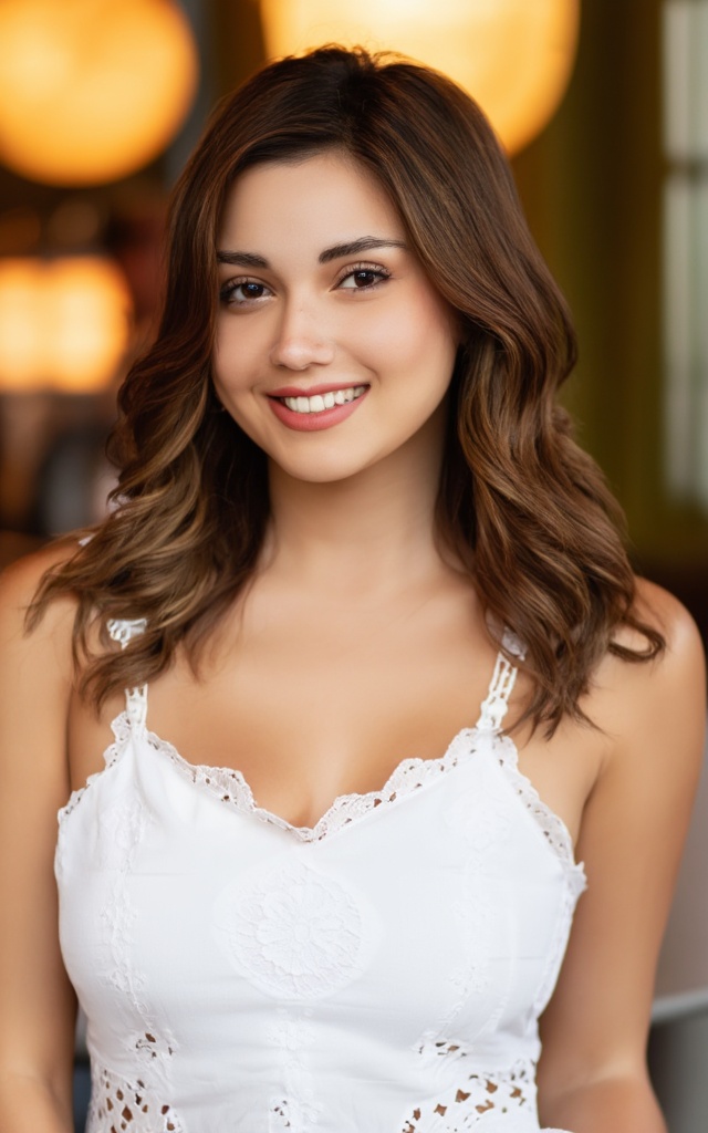 A young woman with long wavy brown hair framing her face,  wearing a white lace top with thin straps and intricate floral...