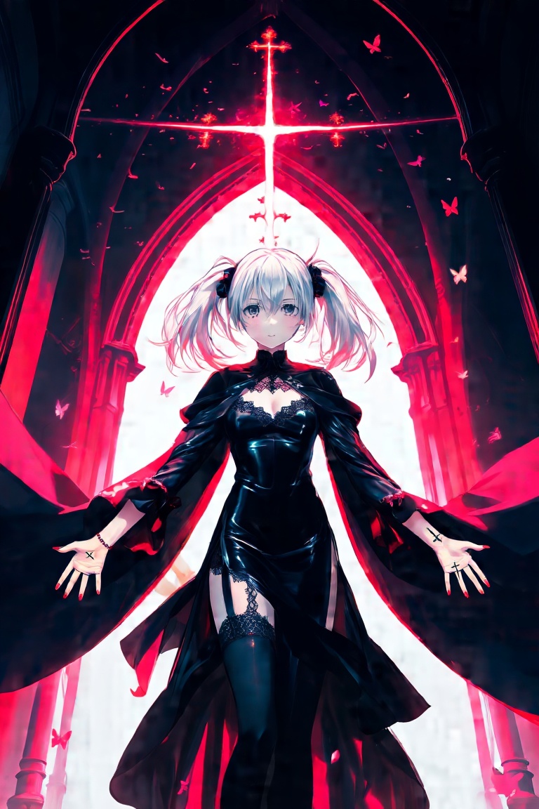 Anime,  anime style. A anime girl with platinum blonde hair styled in twin tails stands centered under a towering gothic a...