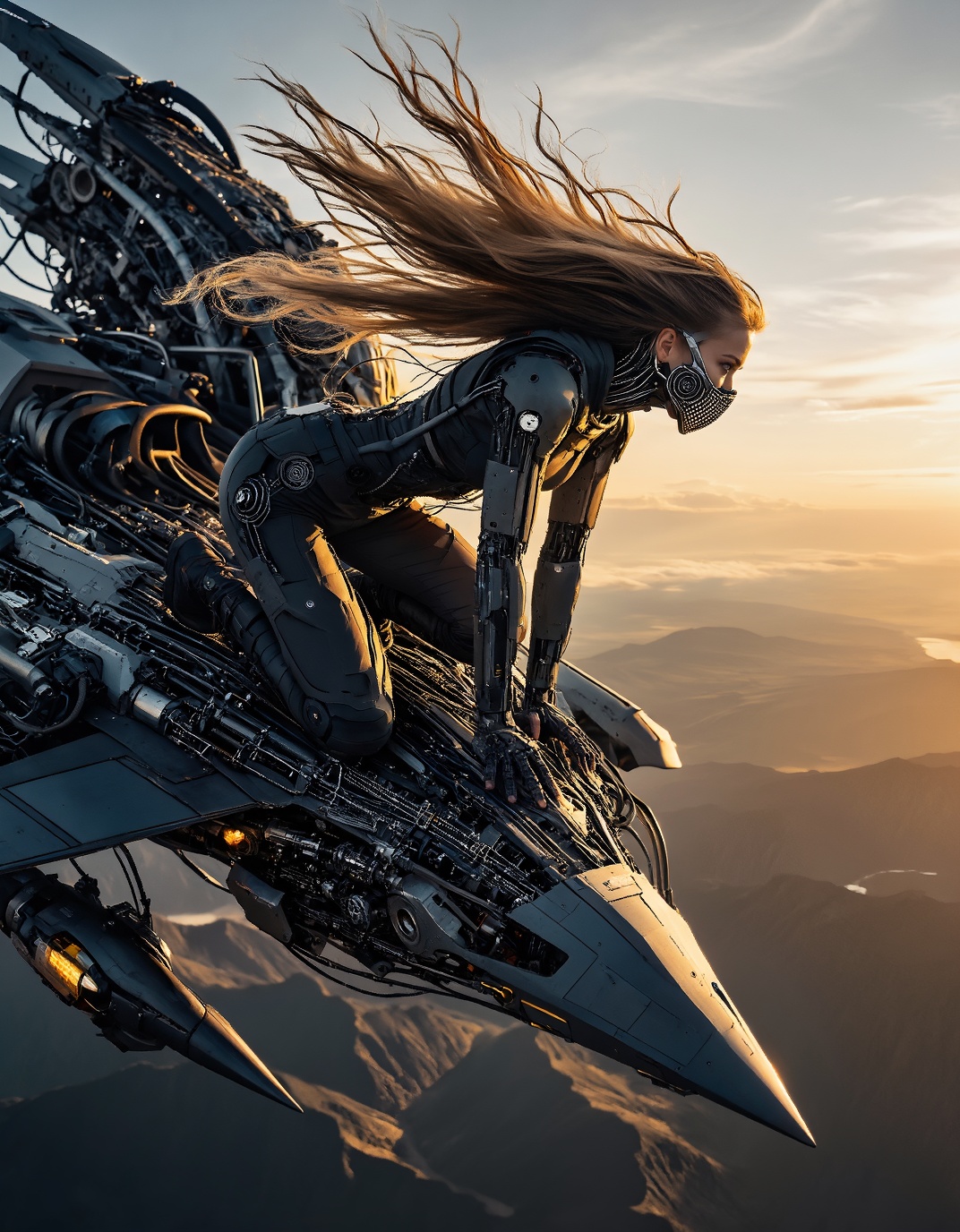 A woman crouching and bracing herself with her hands atop a flying craft made of intricate machinery,  set against a beaut...
