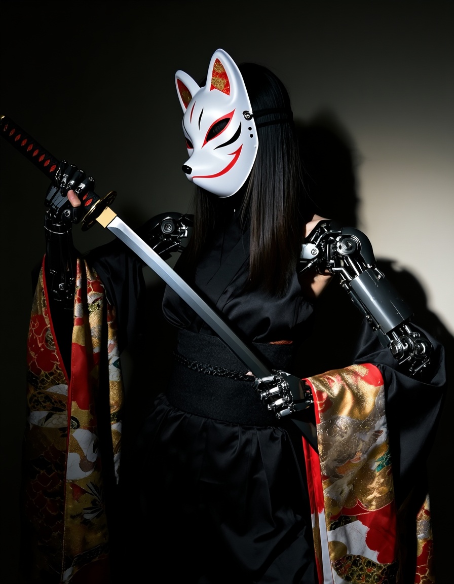 A mechanical woman a traditional Japanese fox mask stands in the dark. She holds a katana in one hand,  and arms open. The...