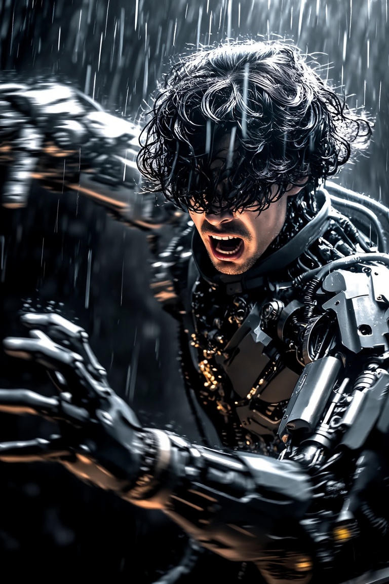 A man made of elaborate machinery. He shouting in the pouring rain. A fleeting moment of violently moving arms and gesture...