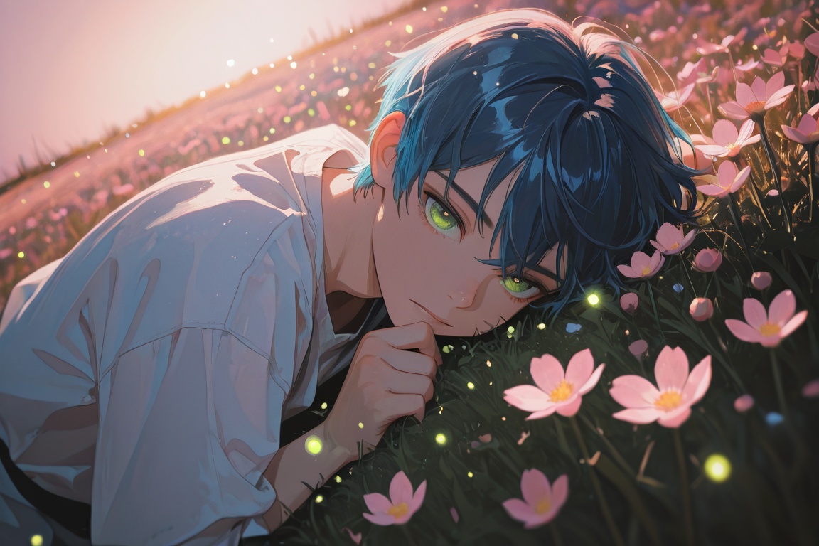 male,  blue hair,  green eyes on Tensor.Art
