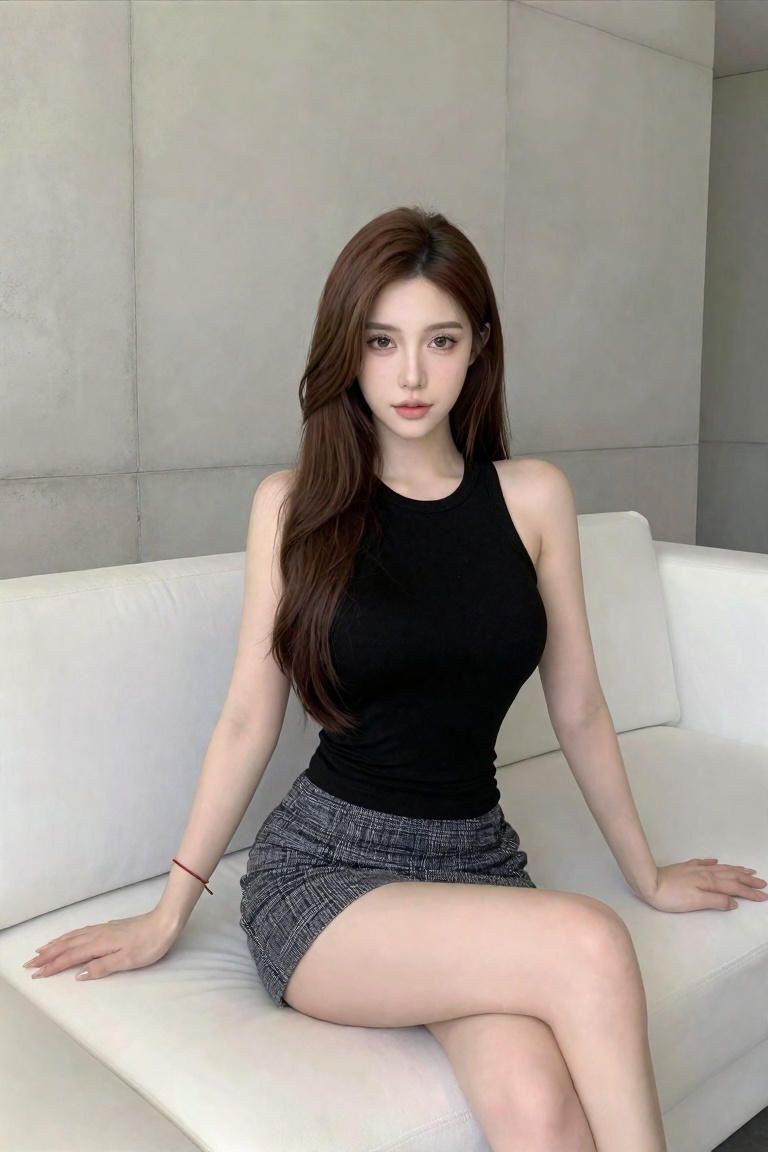 a photo-realistic shoot from the front about a young woman sitting on a white couch in a minimalistic indoor setting,  wea...