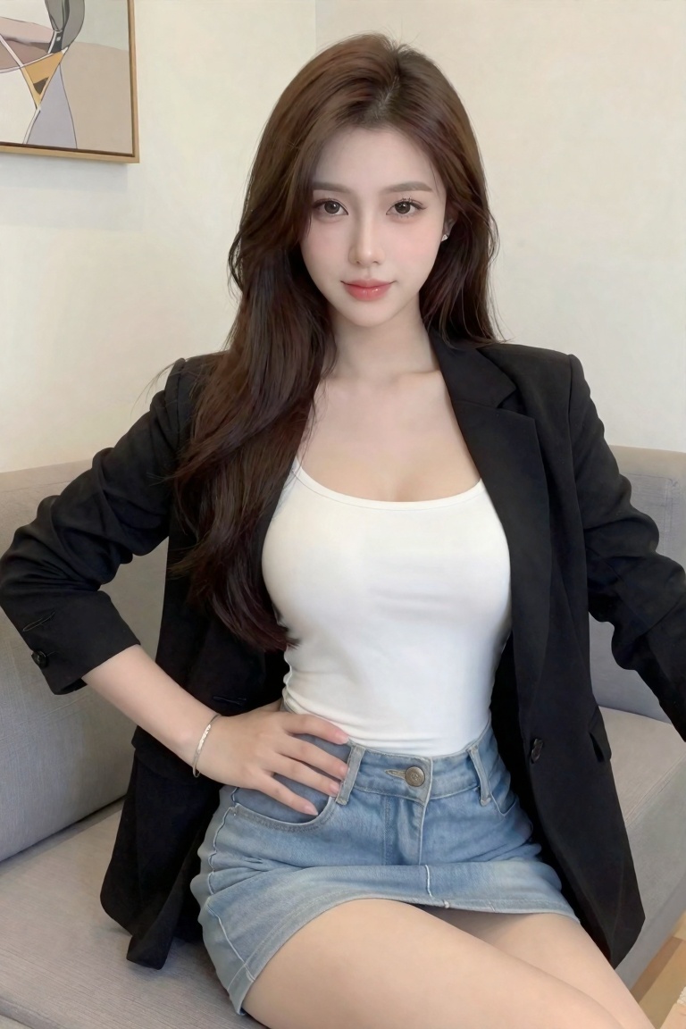 a photo-realistic shoot from the front about a young woman sitting on a couch in a casual setting,  wearing a black blazer...