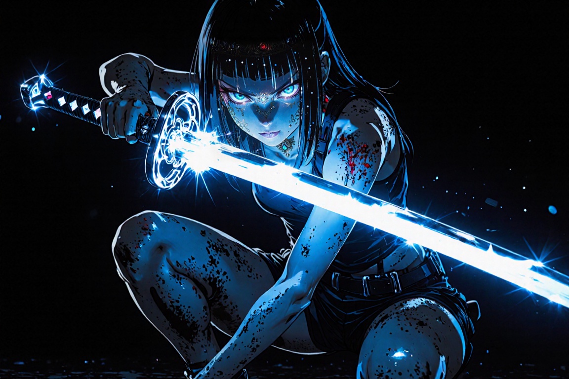 A dramatic cinematic anime action scene of a beautiful anime-style cyberpunk girl in an intense combat stance,  crouched l...