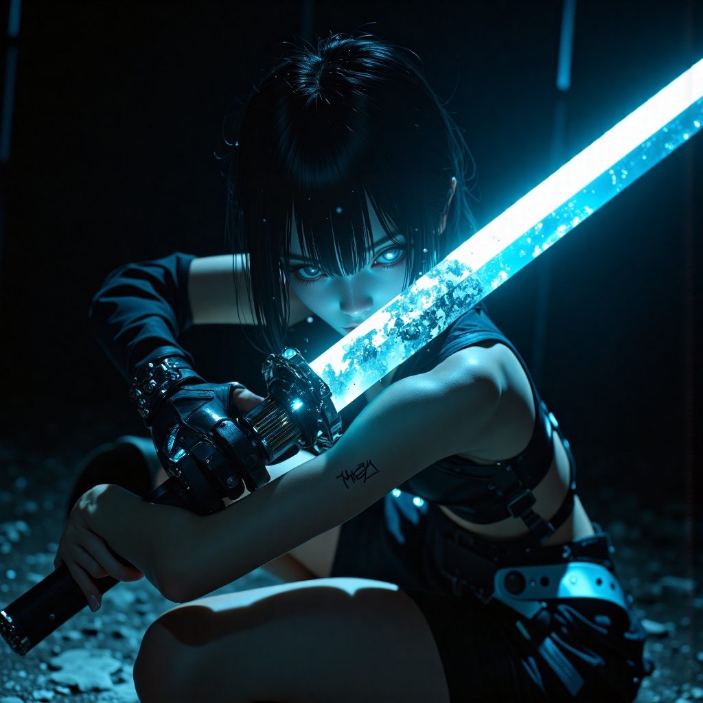 A dramatic cinematic anime action scene of a beautiful anime-style cyberpunk girl in an intense combat stance,  crouched l...