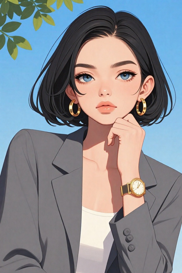 A digital illustration shoot from a portrait camera angle about a portrait of a young woman with a thoughtful expression,...