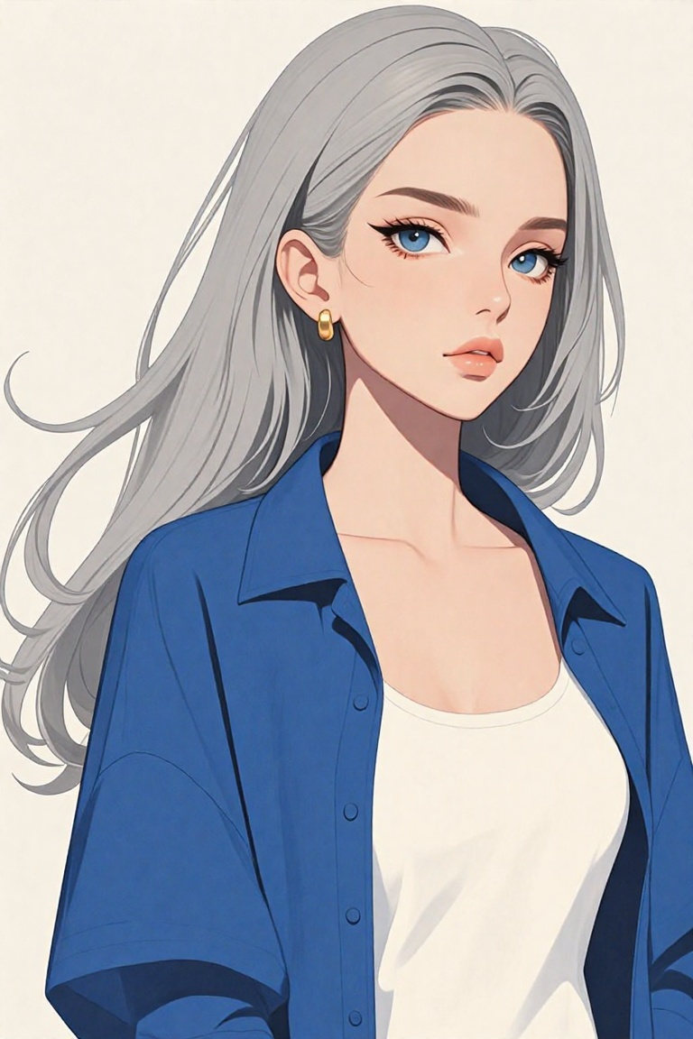 A digital illustration shoot from a portrait camera angle about a portrait of a young woman with long,  flowing silver hai...
