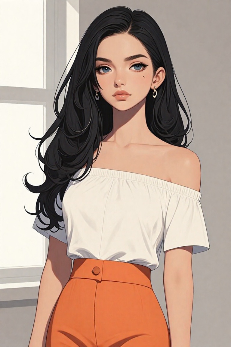 A digital illustration shoot from a portrait angle about a young woman with a confident expression,  wearing a white off-t...