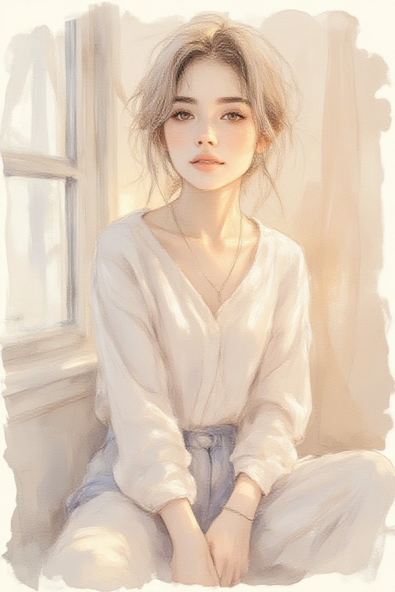 Soft_lifestyle_watercolor,  woman sitting near a window,  natural facial proportions on Tensor.Art