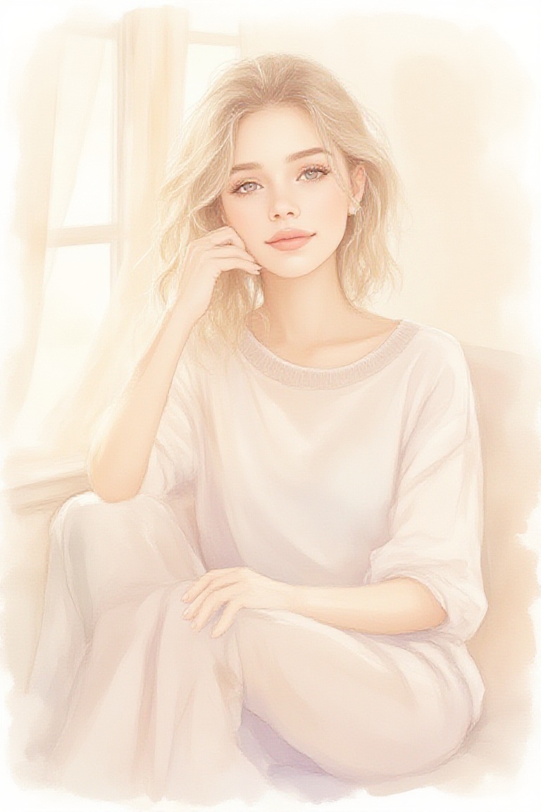Soft_lifestyle_watercolor,  woman sitting near a window,  natural facial proportions on Tensor.Art