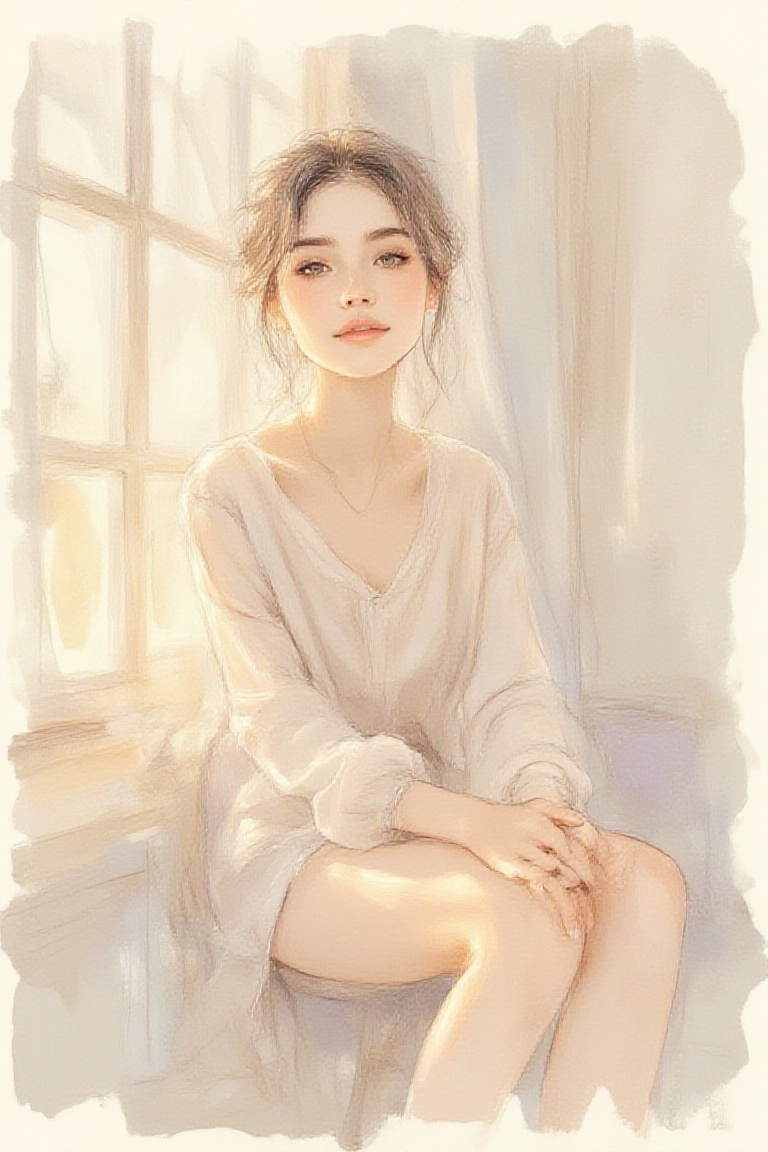Soft_lifestyle_watercolor,  woman sitting near a window,  natural facial proportions on Tensor.Art