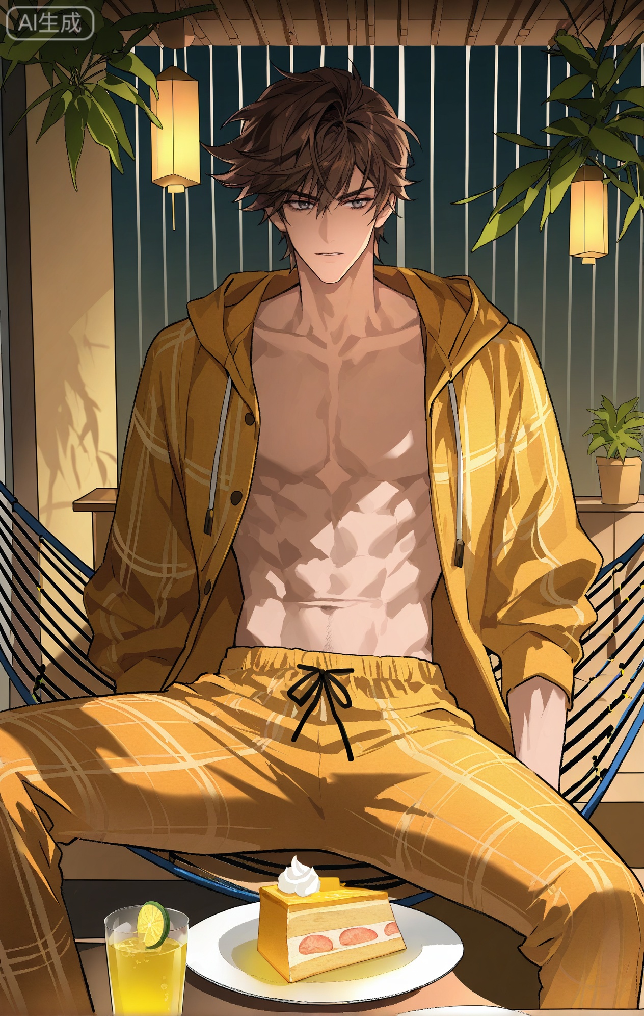 Small note art style,,xiaozhitiao,dianmei (artist:mazjojo:0.53),(artist:pigeon666:0.37),(artist:zawar379:0.57),(artist:remsrar:0.35),(artist:yoneyama mai:0.64),(yokoyari mengo:0.6),1boy,male focus,solo,medium - length wavy hair,hooded pajamas,hood down, a light - brown knitted scarf draped over his shoulders, his toned abs visible as he dozes off in a hammock on a wooden patio. The hammock is strung between two posts, and there's a small side table with a half - read book and a glass of lemonade. Potted ferns line the edges of the patio, and the afternoon sun casts a warm, yellow glow.,Lan\(Glory of the King\),Gray eyes,brown hair