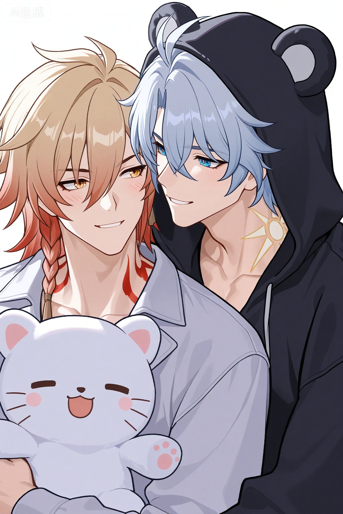 mydei (honkai: star rail),

phainon (honkai: star rail))),white hair,blue eyes,short hair,ahoge


xiaozhitiao,,
(masterpiece:1.3), (best quality:1.3), (ultra-detailed:1.2), absurdres, highres, 4k, official art, sharp focus,
((((2boys)))), yaoi, male focus, (muscular male:1.3), (bara:1.2), (toned male:1.1), collarbone,
(side-by-side:1.3), (sitting on a bed:1.2), (couple:1.4), (loving atmosphere:1.3),


(wearing matching animal kigurumi pajamas:1.4), (one wearing white cat hoodie, one wearing black bear hoodie:1.2), hood up, animal hood, long sleeves,
(blush:1.4), (happy, loving gaze:1.3), (looking at each other:1.2), smile,
(one holding a stuffed toy:1.2),
simple background, white background, cozy, soft lighting, upper body